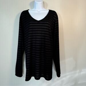 Lane Bryant Black & Silver Striped Long Sleeve V-Neck Top - Sz: 22/24